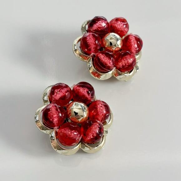 Vintage Coro Flower Clip On Earrings Red - Picture 3 of 13